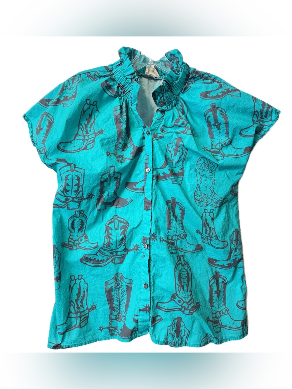 Layerz Clothing Western Cowboy Boot Print Blouse Size Small Turquoise Cotton Top